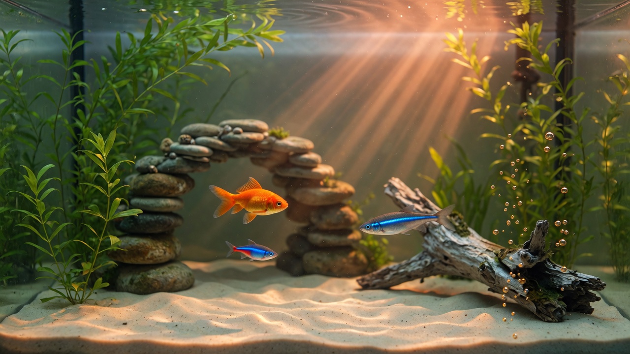 Golden-hour aquarium: goldfish and a blue-striped fish among plants, a stone arch, and driftwood