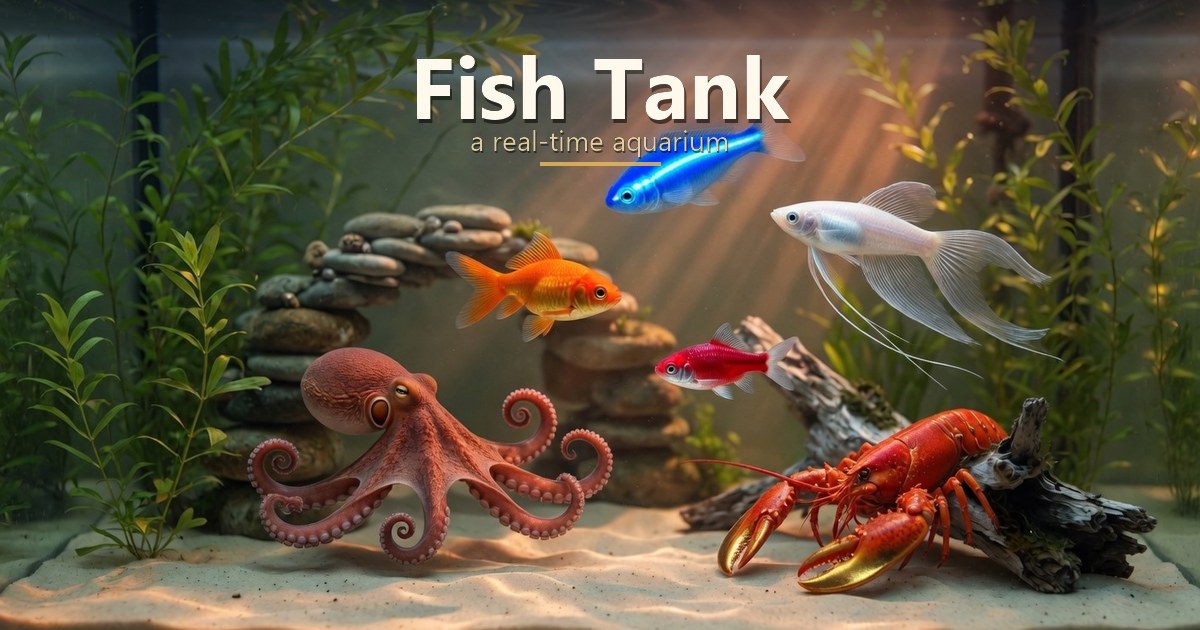 Fish Tank title over a golden aquarium with a goldfish, a blue stripe, an octopus, and a gold-clawed lobster