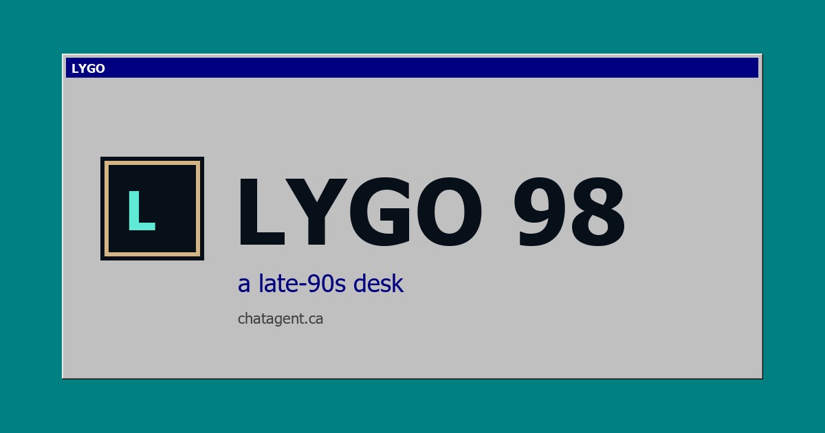 LYGO 98 on a teal field, with a gray window and a LYGO button