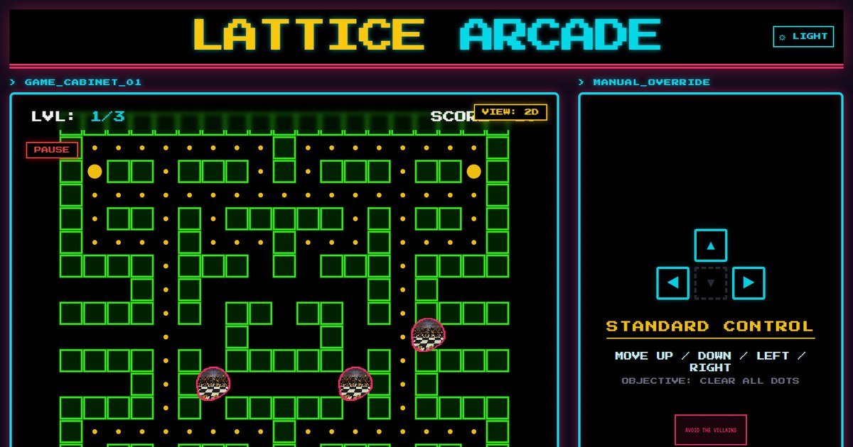 Lattice Arcade neon maze with two pixel fighters key art