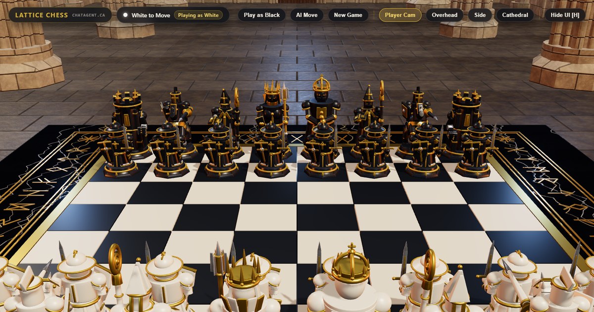 Lattice Chess 3D stone pieces on a cathedral chessboard key art