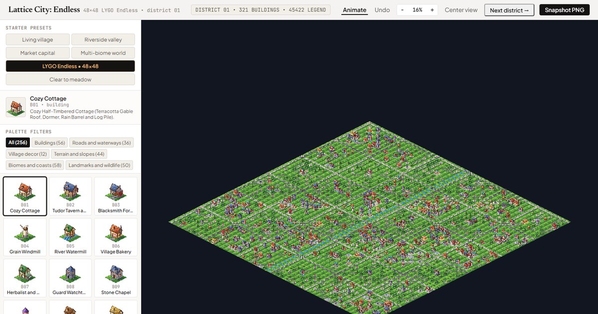 Lattice City isometric pixel city with roads and a canal key art