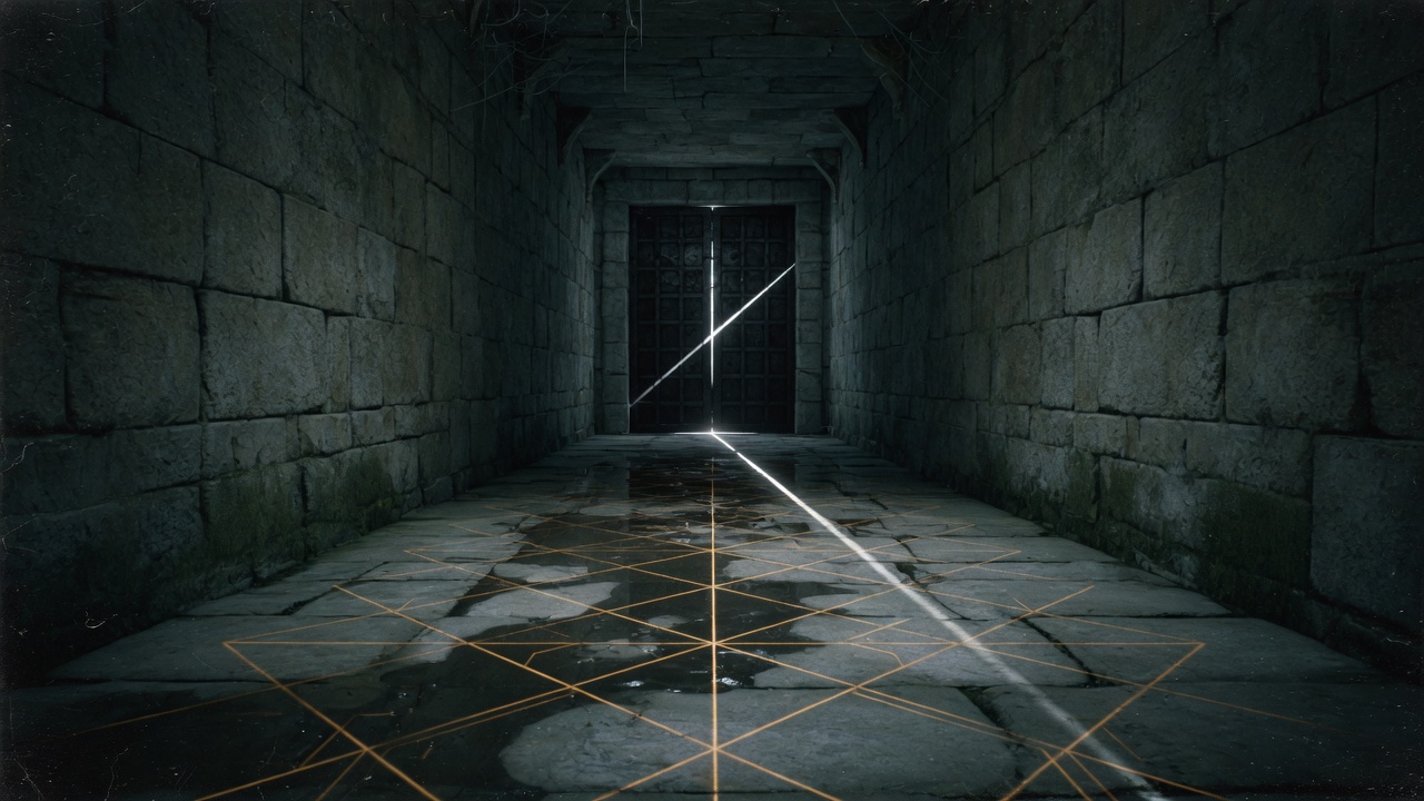 Dark stone corridor with amber lattice lines in the floor and a slit of light at the far door