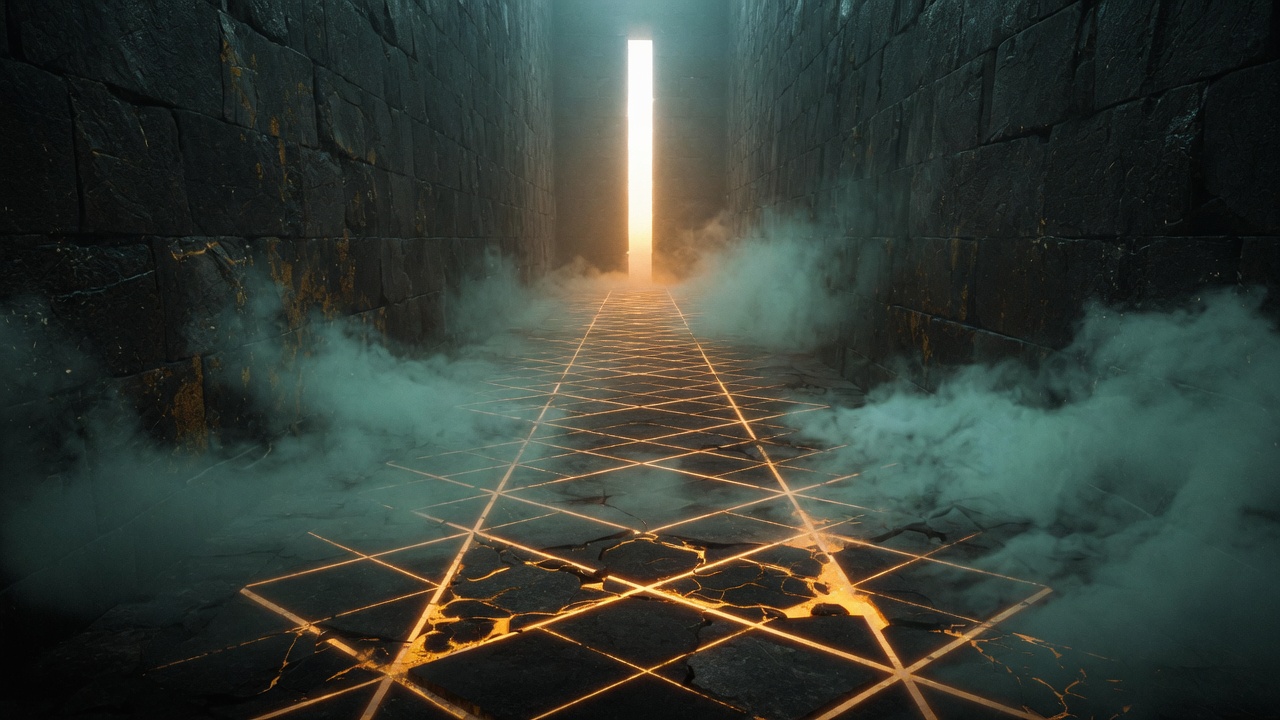 A dark stone corridor with amber lattice light in the floor
