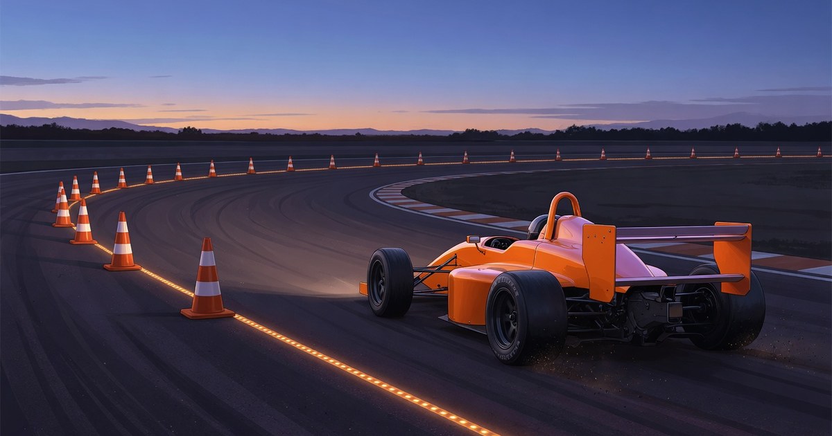 Orange open-wheel car on a dark twilight circuit key art