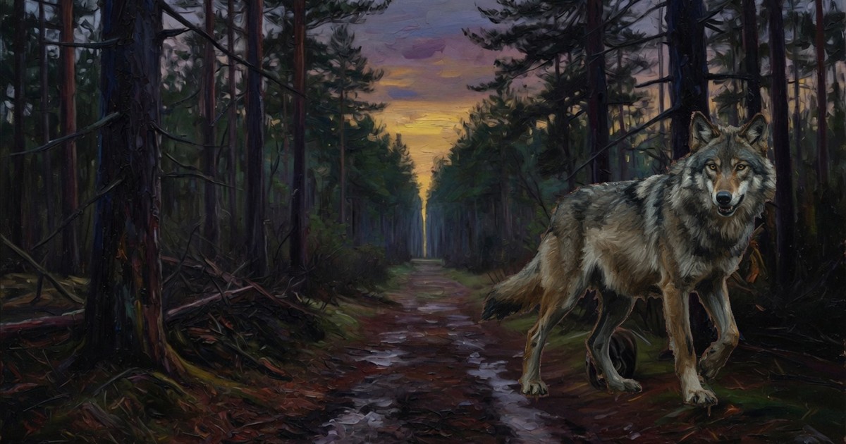 A wolf on a dusk forest path key art