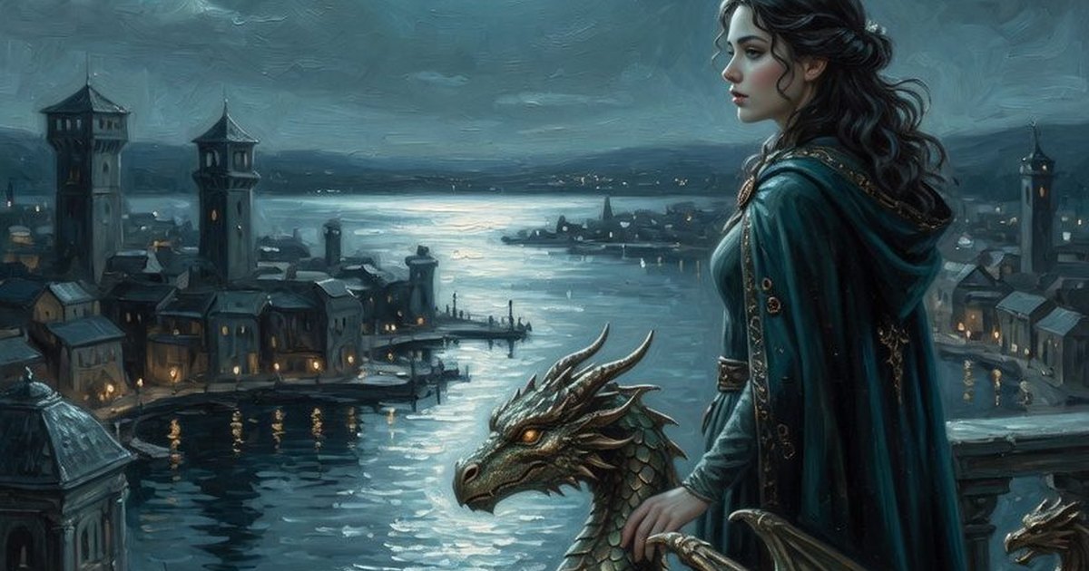 Serenya and a small bronze-green dragon on a moonlit harbor balcony